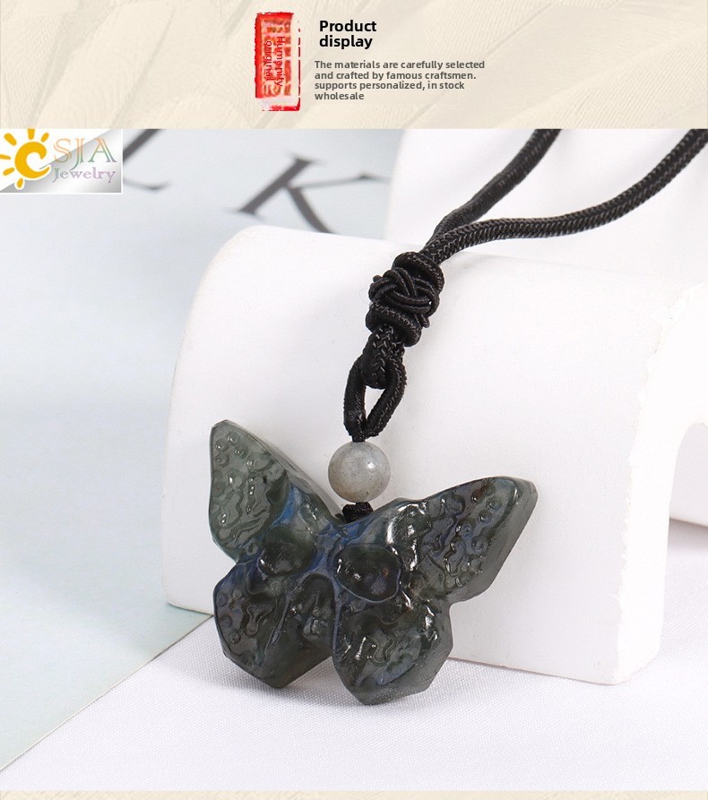 Elegant Retro Style Butterfly Natural Stone Rope Woven Chain Pendant Necklace Wholesale Carved Grimace Semi-Precious Crystal Halloween Theme Jewelry Accessories