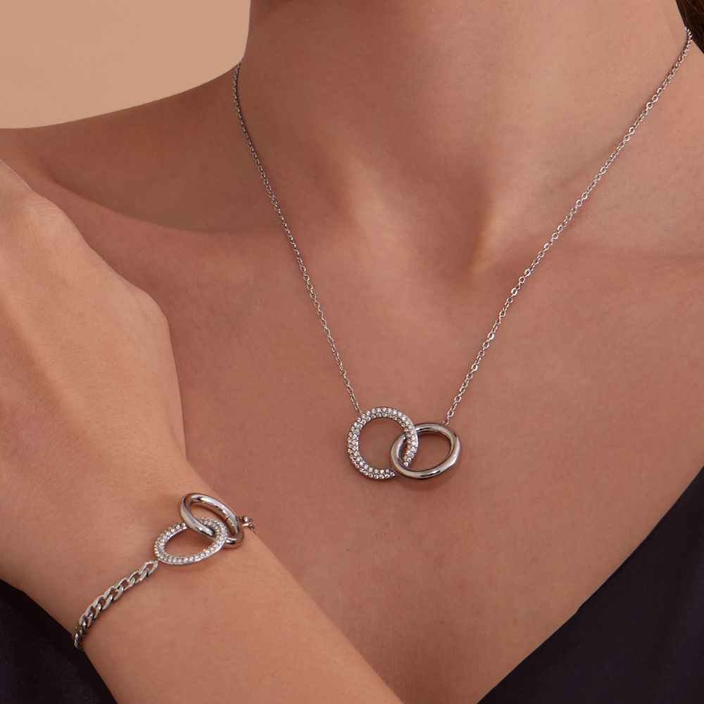 Stainless Steel Double Ring Zircon Necklace Bracelet 18K Gold Plated Fashionable Versatile Luxury Jewelry Accessories Set