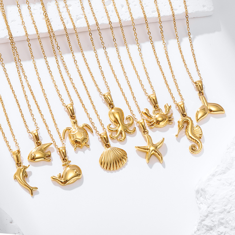 18K Gold Plated Turtle Starfish Shell 304 Stainless Steel Animal Pendant Necklace Fashion Starfish Conch Collarbone Chain Women's Ocean Series Jewelry Accessories