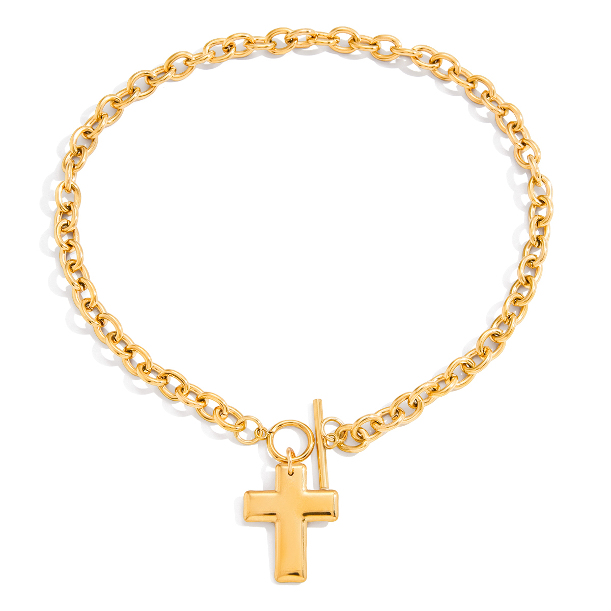 Women's Vintage Style 18K Gold Stainless Steel Smooth Cross Pendant OT Clasp Necklace 42CM