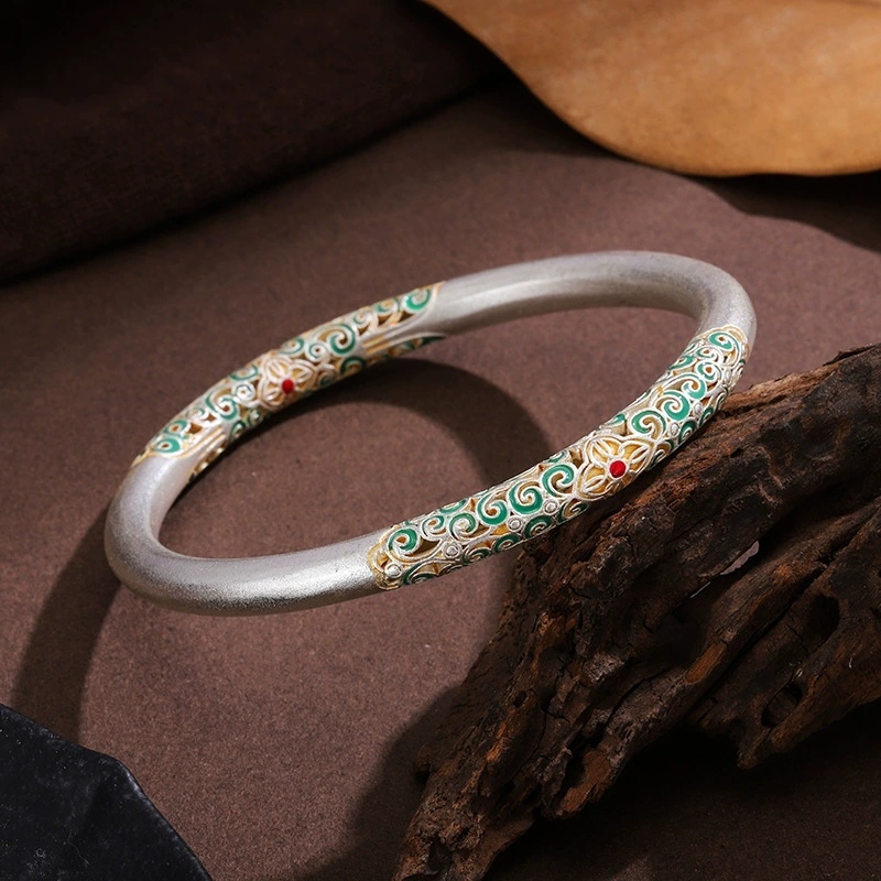 Universal Electroplated Silver-Plated Geometric Pattern Copper Gold-Plated Ancient Enamel Color Curly Grass Pattern Hollow Closed Solid Bracelet For Women National Style Light Luxury Gift