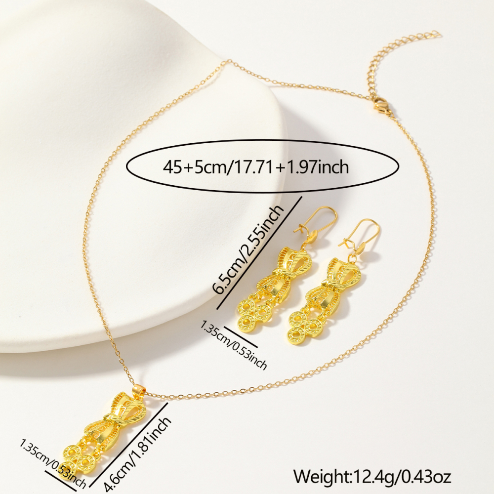 3pcs Fashion Personality Bowknot Copper Coin Pendant Necklace Earrings, Suitable For Daily Wear, Parties, And Holiday Gifts