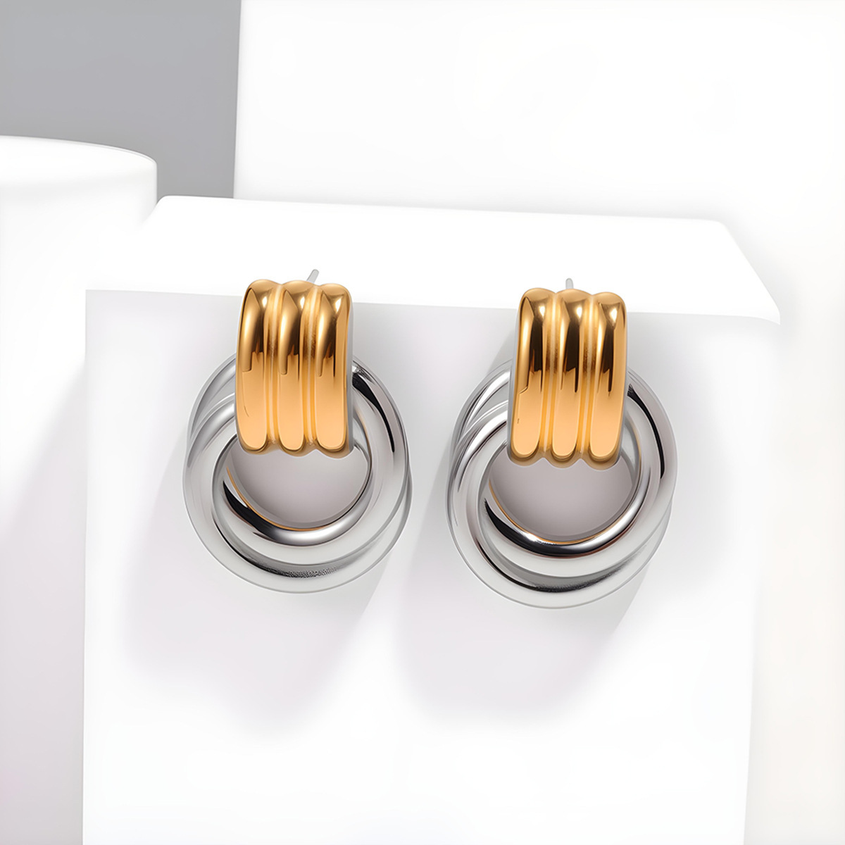 Elegant Geometric Stainless Steel Earrings With 18K Gold And Silver Color Block Design  Fashion Jewelry