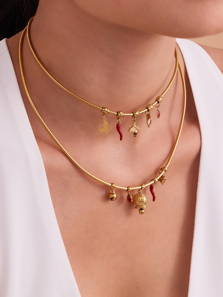 Stainless Steel Zirconia Pendant Oil Drop Red Pepper Ladybug Bee Bell Tassel Women's Necklace Unique Style Jewelry Accessories