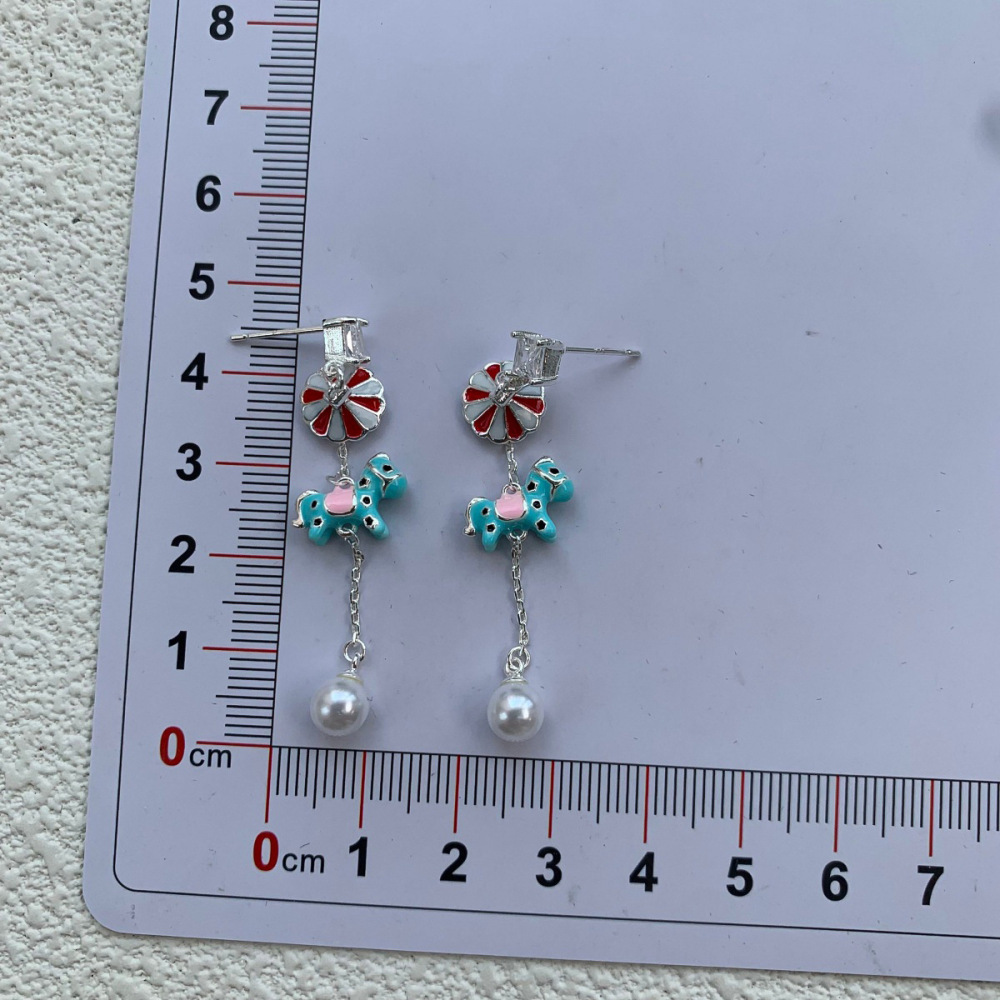 Creative Christmas Decorations Asymmetric Zircon Mini Umbrella Rotating Horse Pearl Earrings Jewelry Ear Studs For Women