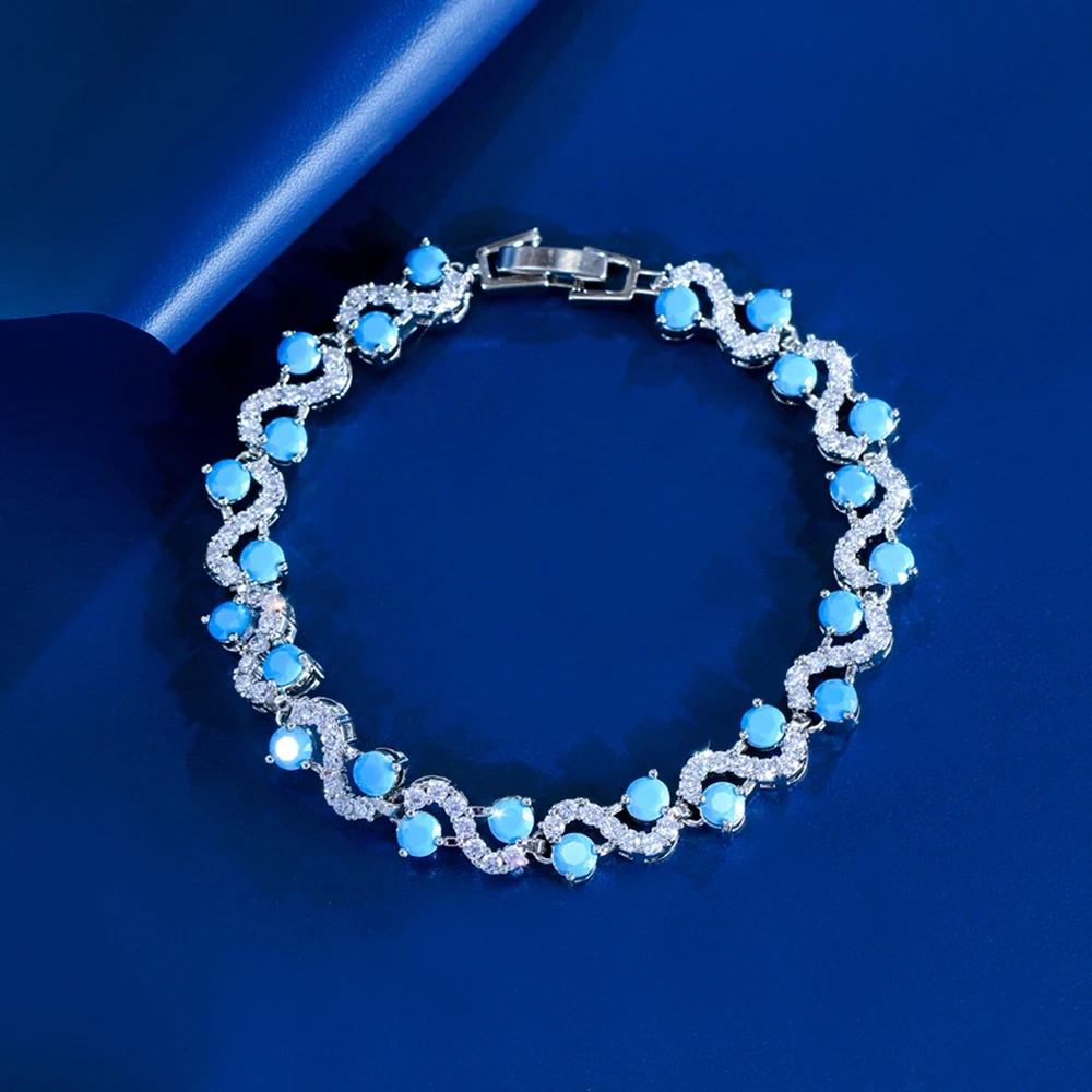 1 Copper Bracelet Luxury Round Blue Turquoise And Zircon Twist Design Bracelet Suitable For Women Party/Engagement/Wedding Jewelry Gift