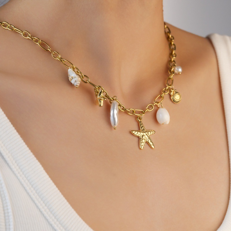 Fashion 304 Stainless Steel Shell Starfish Conch Necklace For Women Vacation Beach Ocean Style Coconut Tree Titanium Steel Jewelry Accessories