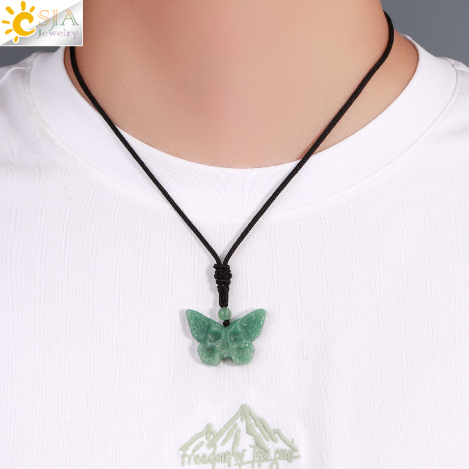 Elegant Retro Style Butterfly Natural Stone Rope Woven Chain Pendant Necklace Wholesale Carved Grimace Semi-Precious Crystal Halloween Theme Jewelry Accessories