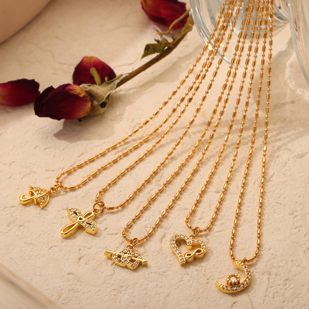 304 Stainless Steel Copper Moon Heart Shape Umbrella PVD Coated Rhinestones Real Gold Plated Elegant Simple Style Classic Style Waterproof Non Tarnish Plating Inlay White Gold Pendant Necklace