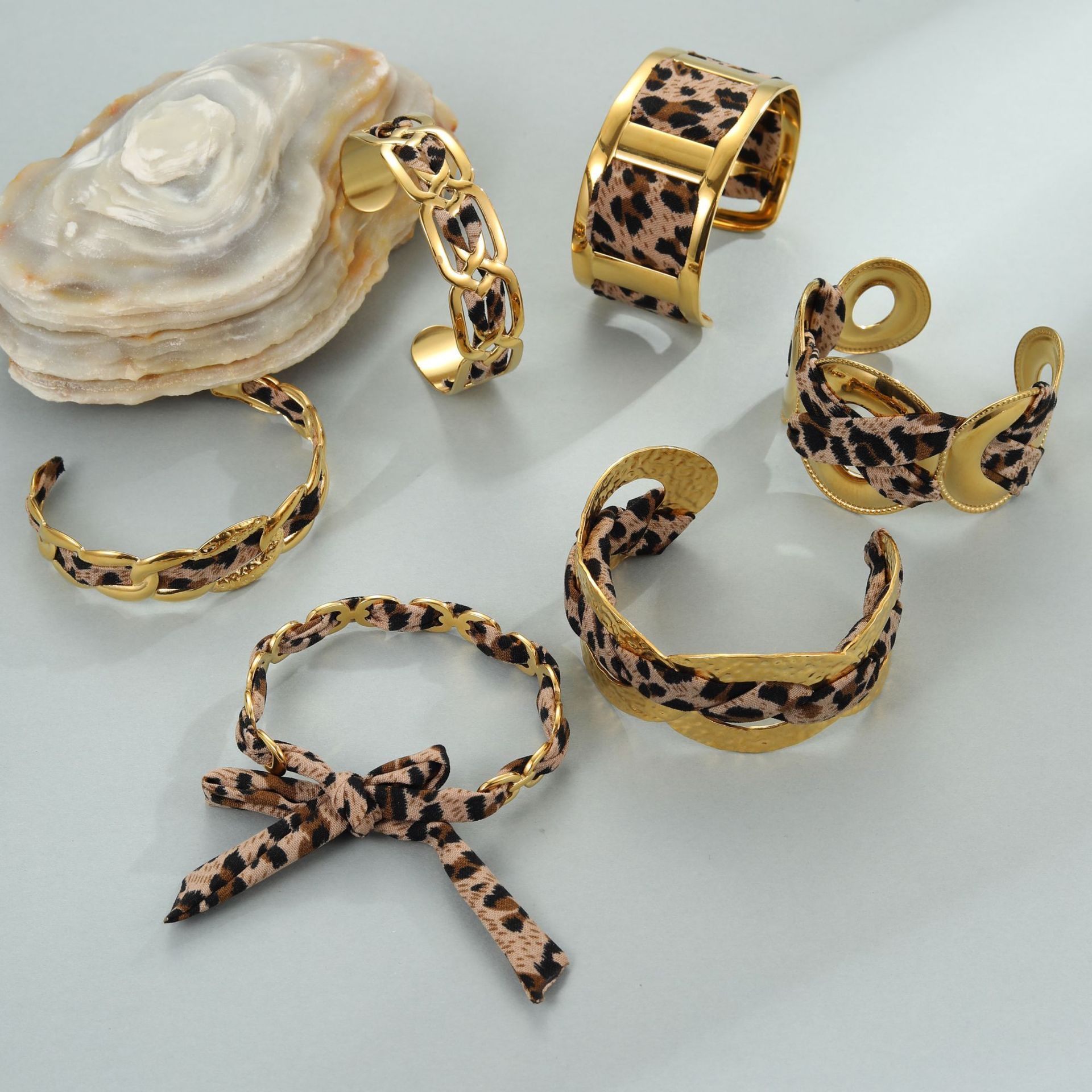 Stainless Steel Wide Open Bracelet With Leopard Print Ribbon Fashionable European Style Gold Plated Accessory For Women