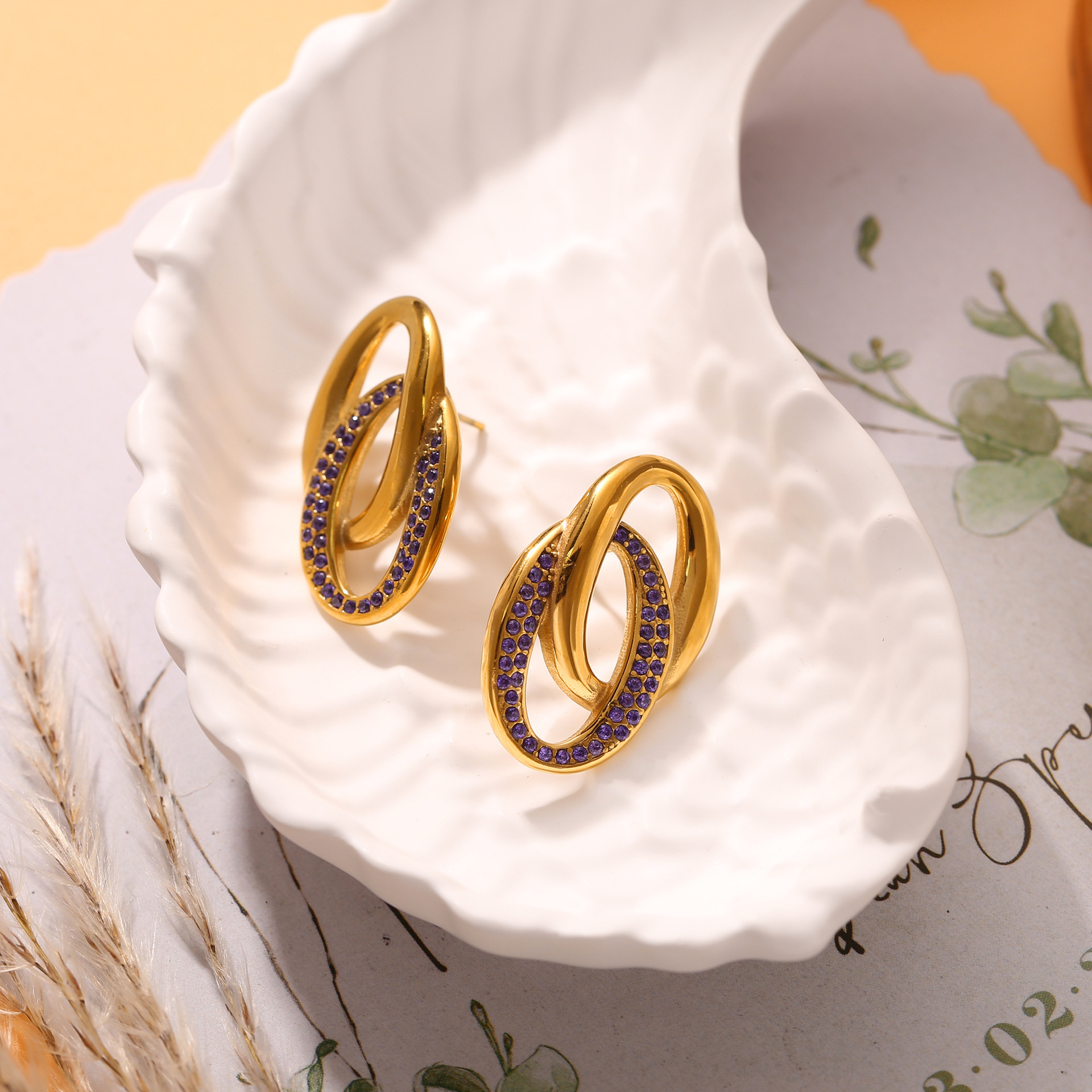 UV Electroplated 18K Real Gold Stainless Steel Casting Double O Splicing Zirconia Earrings Niche European And American Style Trendy Fashion Earrings