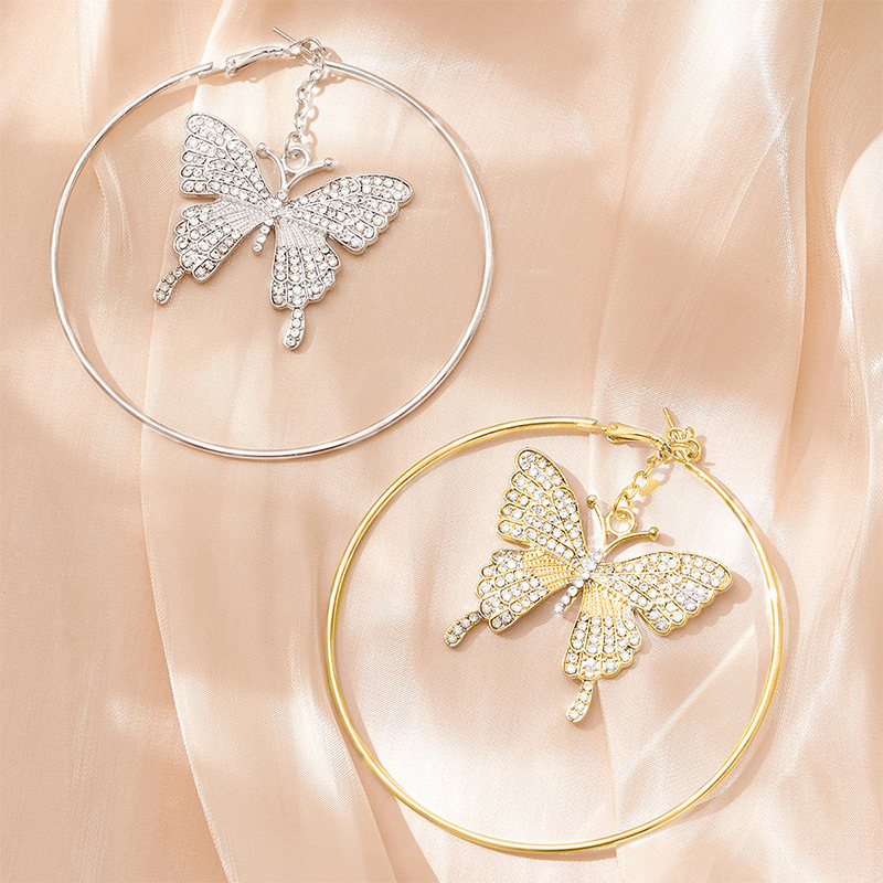 Butterfly Shaped Hoop Earrings Women's Fashion Diamond Pendants Circle Studs Elegant Jewelry Accessories Copper Material