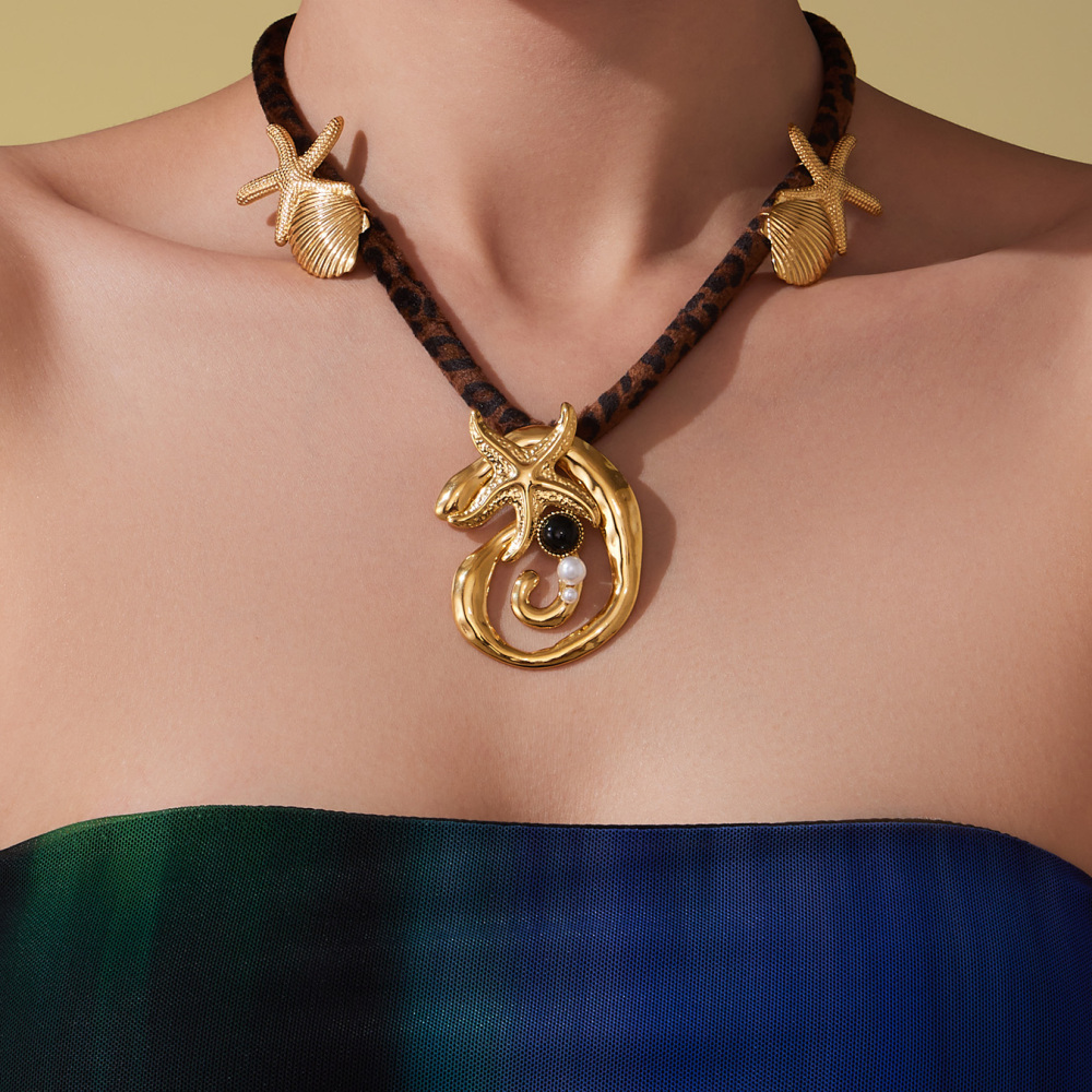 304 Stainless Steel Leopard Print Scarf Multi Pendant Necklace 18k Gold Plated West Coast Beach Style Agate Jewelry