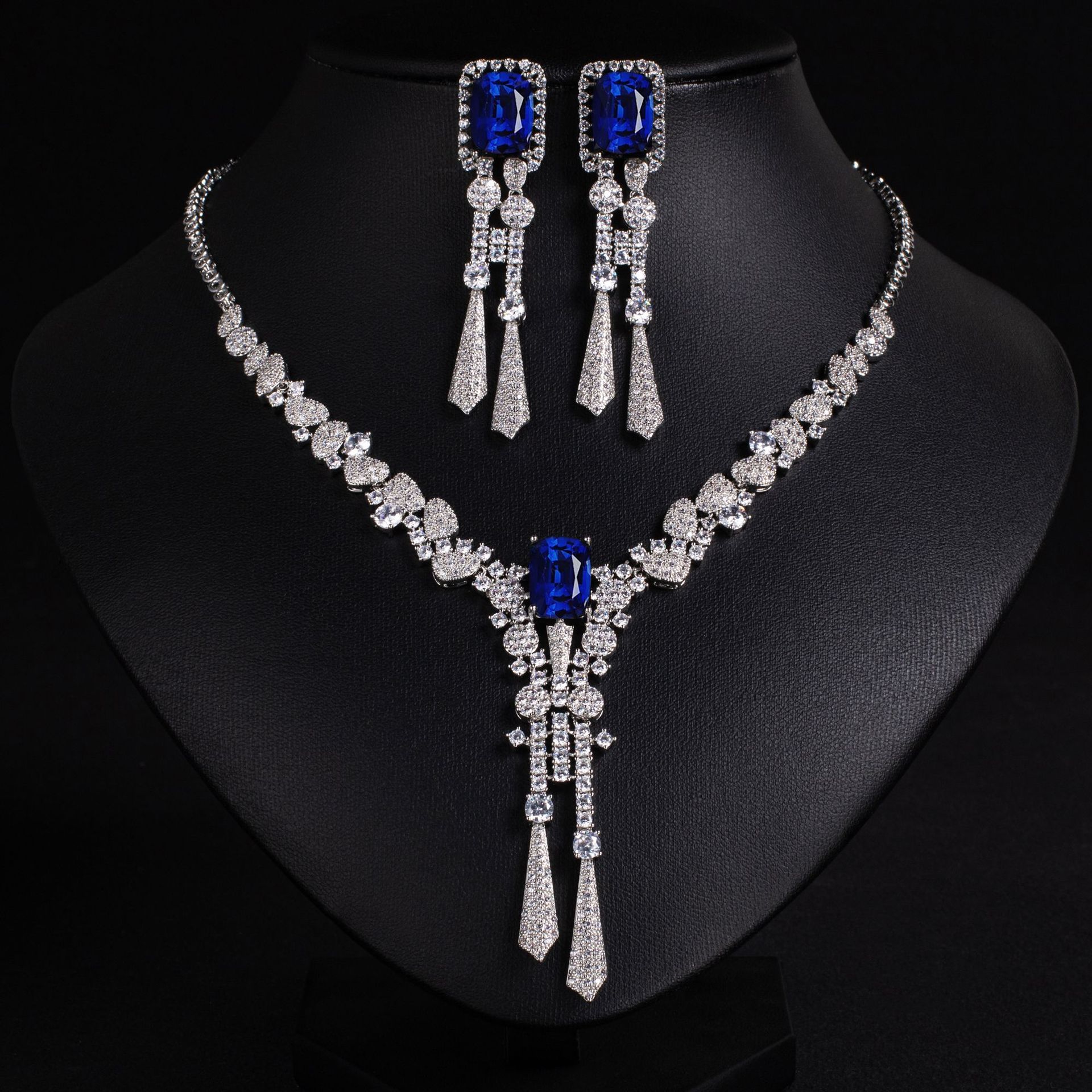 Elegant Simple Wedding Necklace Earring Set Zircon Flower Jewelry Accessories For Dress Silver Needle Tassel Decorations