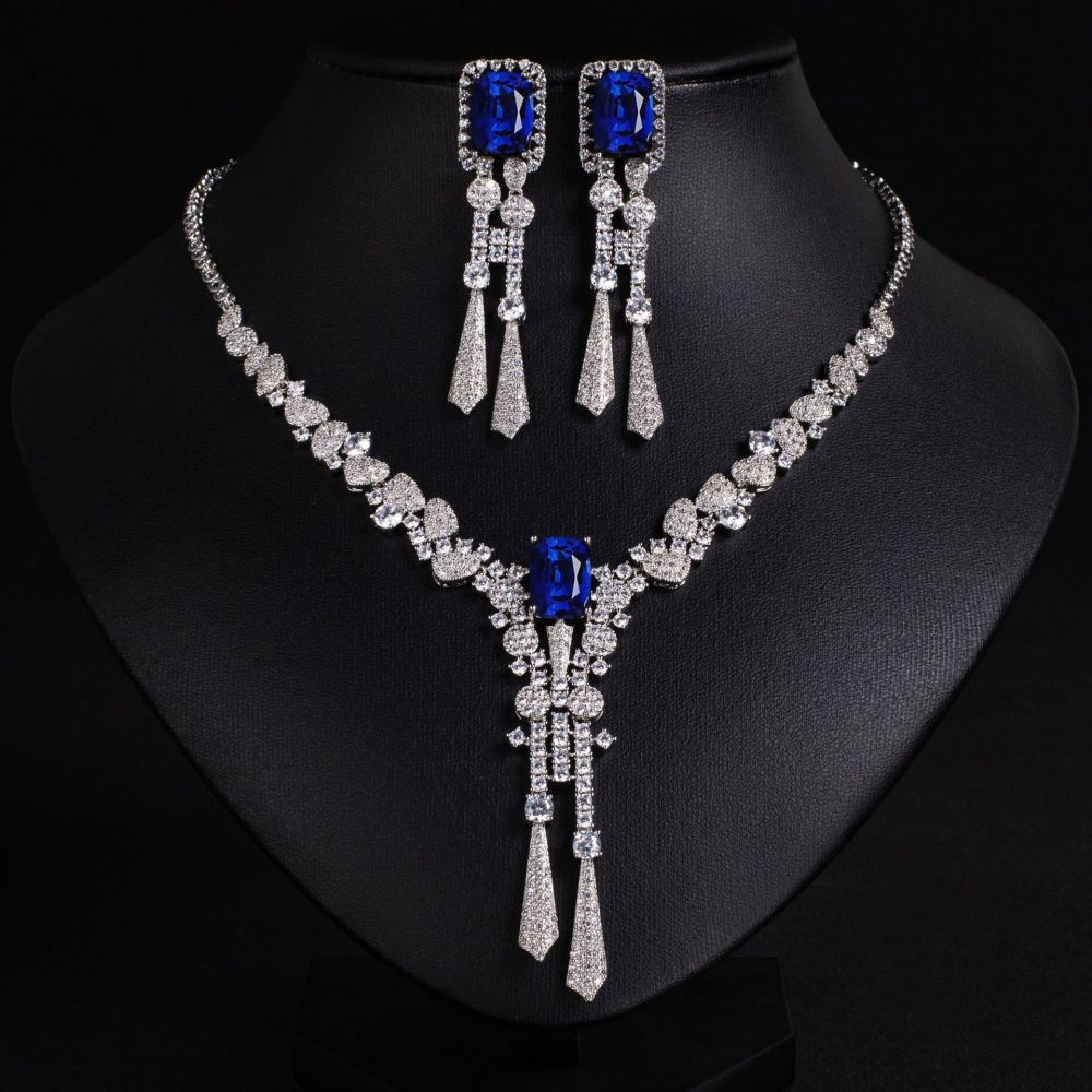 Elegant Simple Wedding Necklace Earring Set Zircon Flower Jewelry Accessories For Dress Silver Needle Tassel Decorations