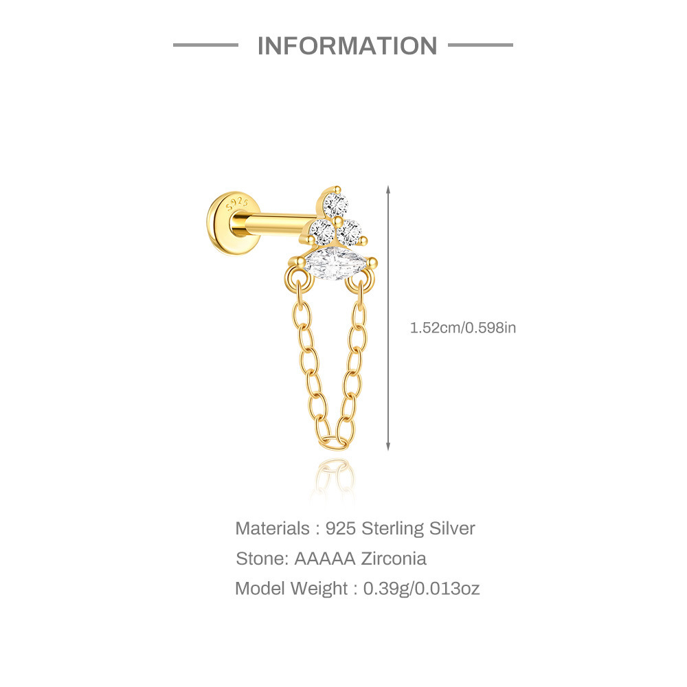 S925 Sterling Silver Geometric Diamond Koi Animal Flat Head Threaded Piercing Ear Bone Nail  Hot Selling Classic Ear Jewelry