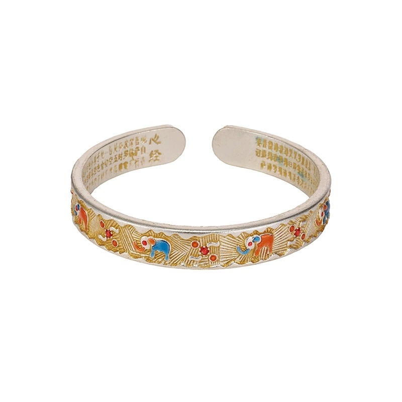 Vintage Ethnic Style Silver-Plated Bracelet With Gold Enamel Auspicious Symbols Ruyi Heart Sutra Bracelet Chinese Style Gift For Girlfriend Ancient Silver Bracelet Geometric Pattern Flower