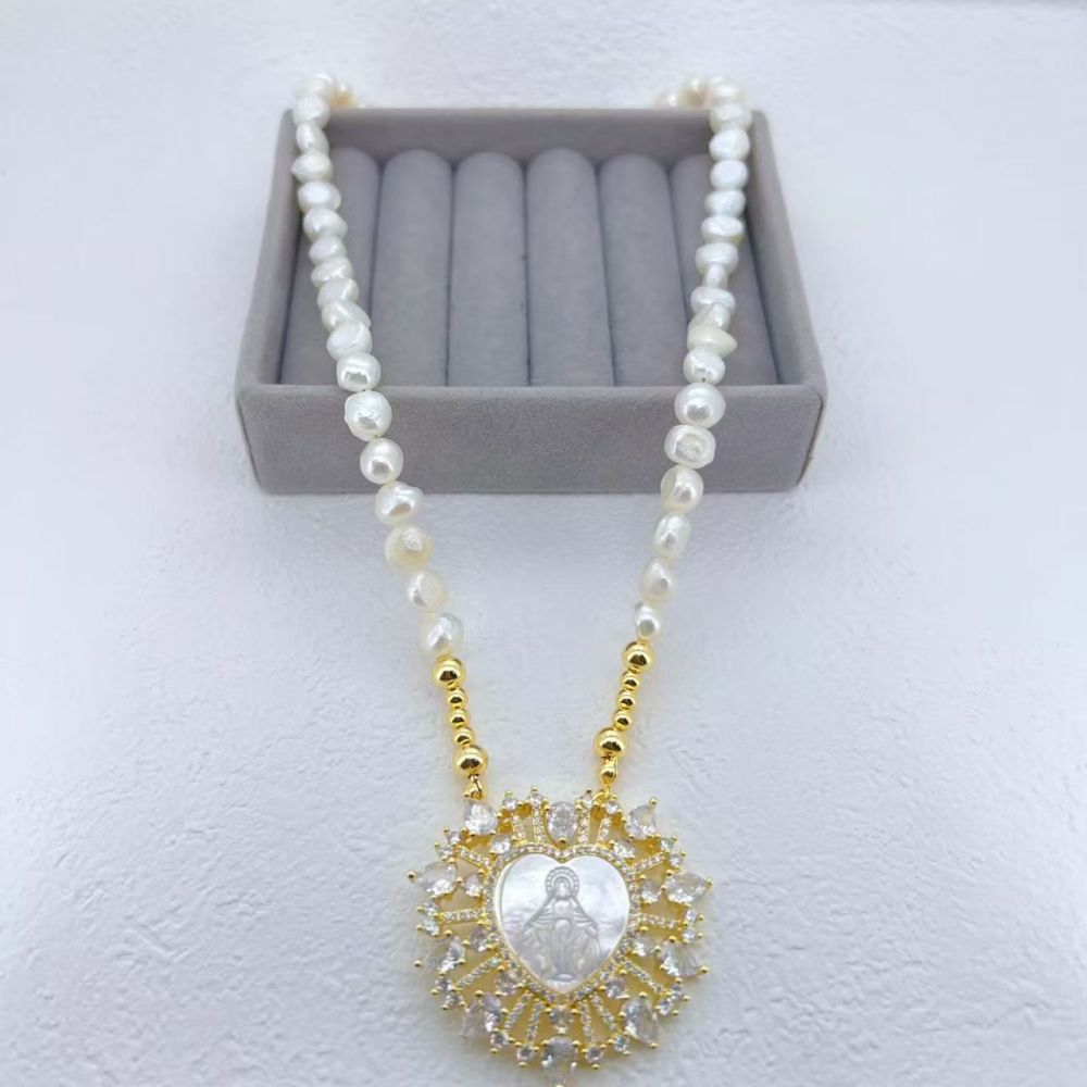 European And American Hot-Selling Color-Retaining Electroplated Micro-Inlaid Zircon Shell Virgin Mary Cross Acrylic Pearl Copper Simple Style Lobster Clasp Necklace