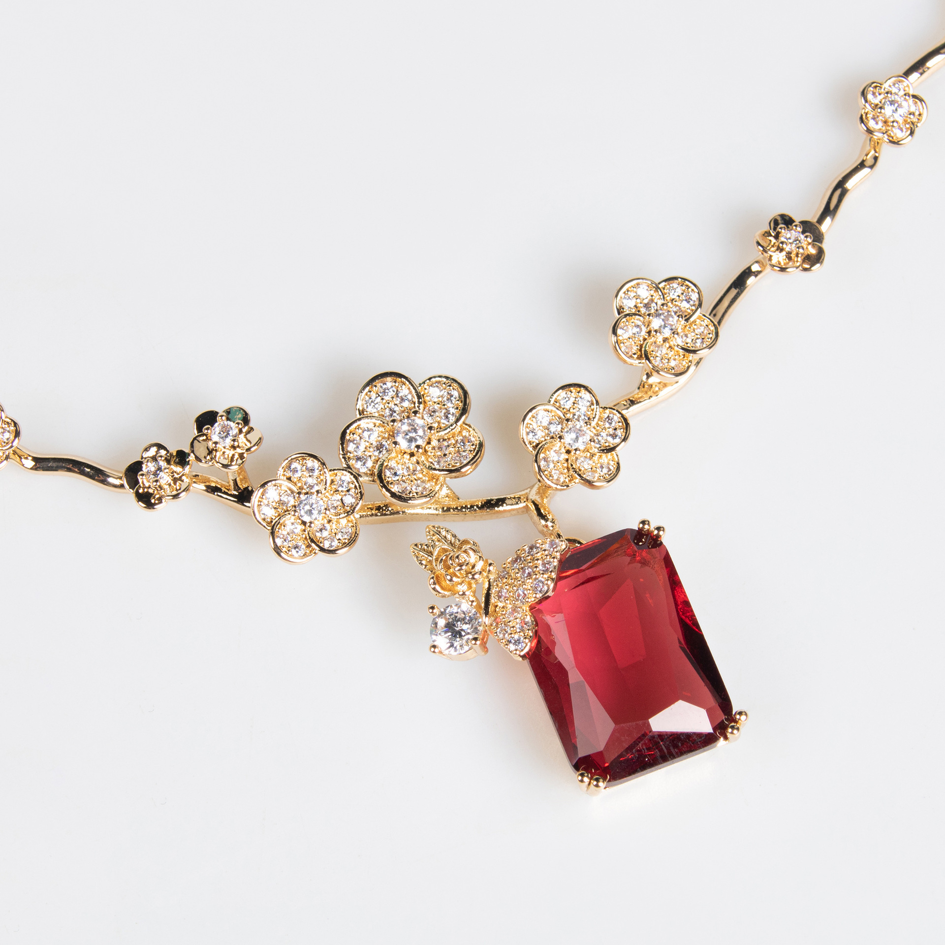 Fashionable Red Ruby Necklace Earring Set Simple Versatile Square Zirconia Pendant Clavicle Chain Jewelry Set For Women