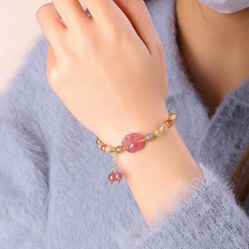 Natural Crystal Cat Paw Bracelet For Girls Cute Tassel Accessories Strawberry Crystal Hair Jewelry Crystal Animal Pattern Jewelry