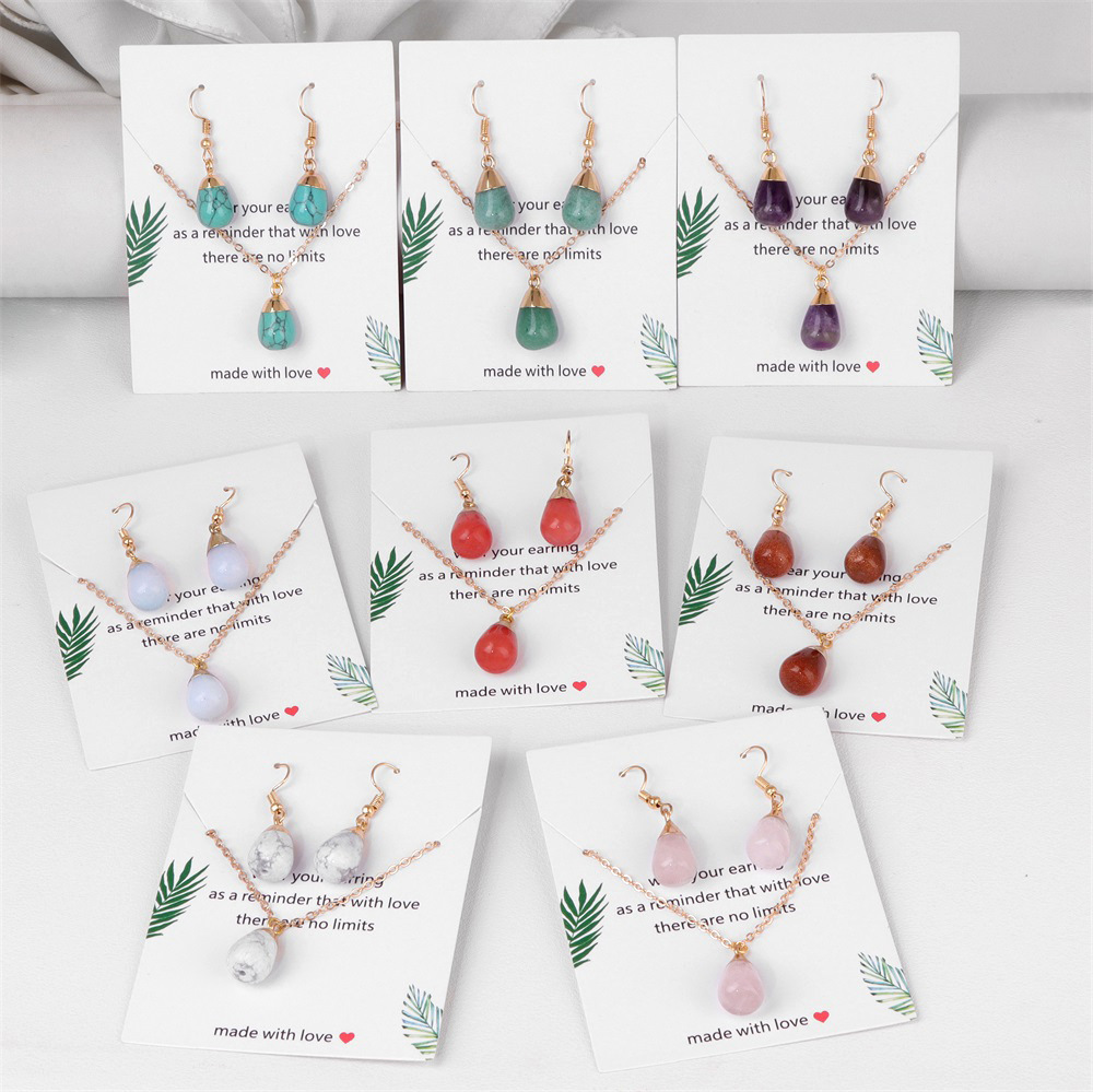 Simple Vintage Geometric Crystal Necklace Earring Set Waterdrop Natural Stone Pendant Unisex Jewelry Accessories