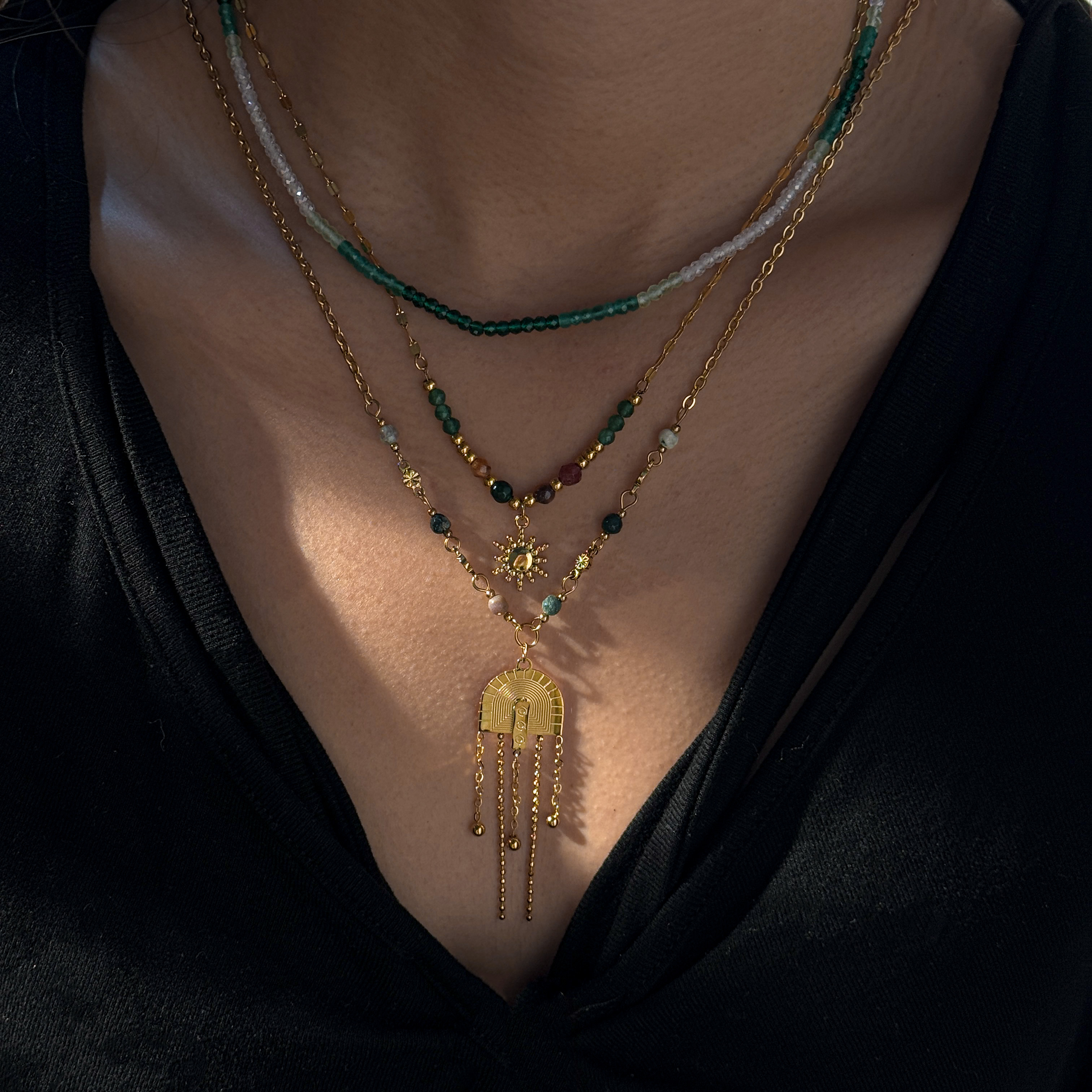 304 Stainless Steel Zircon Geometric Pattern Vacuum Plating (In Furnace) 18K Real Gold Plated Beaded Chain Lobster Clasp Colorful Gold Necklace For Women Elegant Basic Style (Simple Design) Novel Design