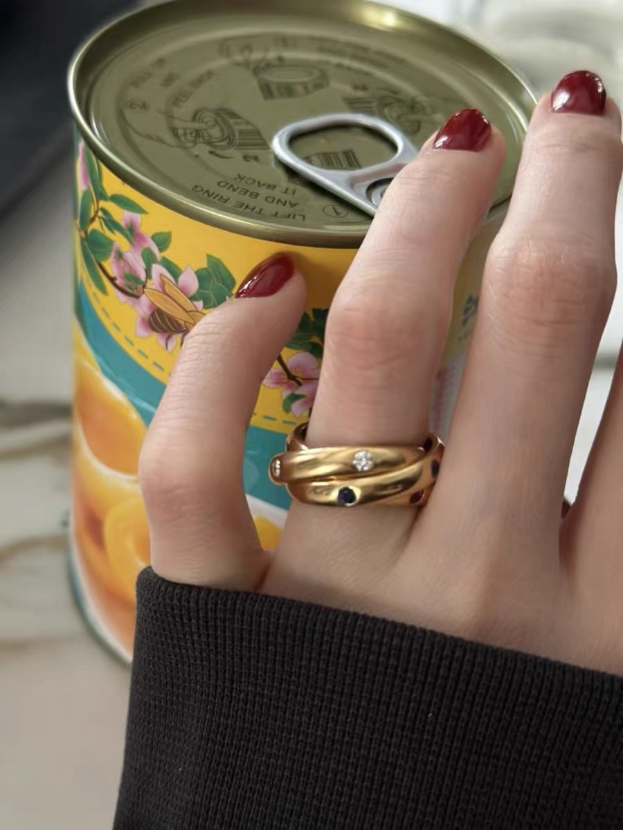 Fashionable Retro Three- Ring Geometric Pattern Ring For Women Classic Color Gemstone Rings Elegant Personality New Style