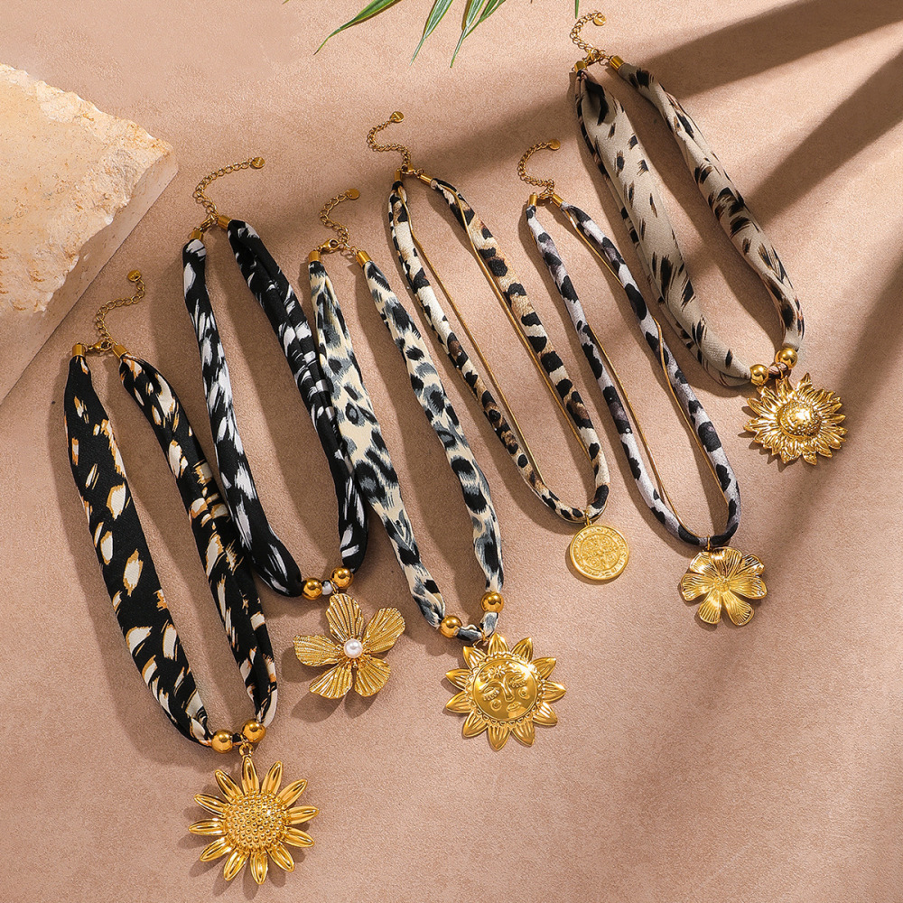 Myya  Stainless Steel Sun Flower Coin Pendant Clavicle Chain Necklace Leopard Pattern Fabric Bohemian Style