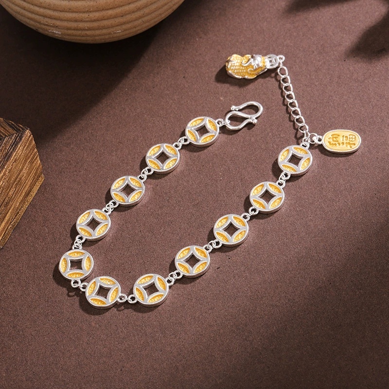 Universal Electroplated Silver Geometric Pattern Copper Vintage Ethnic Style Gold-Plated Pixiu Bracelet For Women New Chinese Style National Style Wealth-Attracting Fortune Copper Coin Hand Jewelry