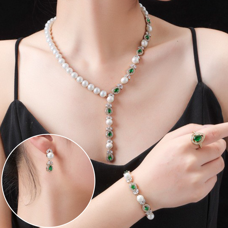 Luxurious Pearl Necklace And Earring Set Full Of Zirconium Stones For Banquet Elegant Accessories Wedding Jewelry