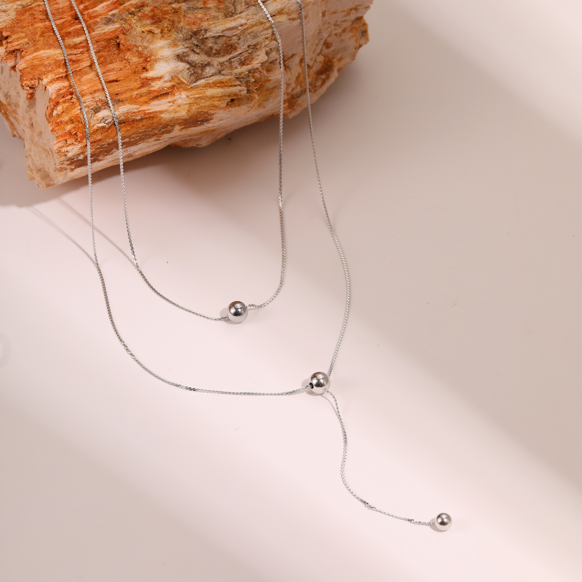 Fashionable Minimalist Double Layer Beaded Tassel Necklace Titanium Steel Non-Fading 18K Gold Plated Clavicle Chain Jewelry