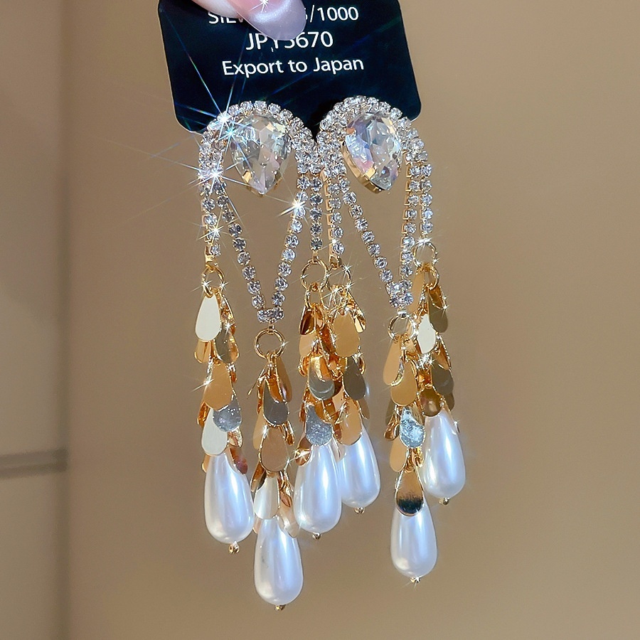 Gold Plated Silver Pin Inlaid Diamond Water Drop Pearl Earrings Vintage Heavy Earrings Jewelry Accessories