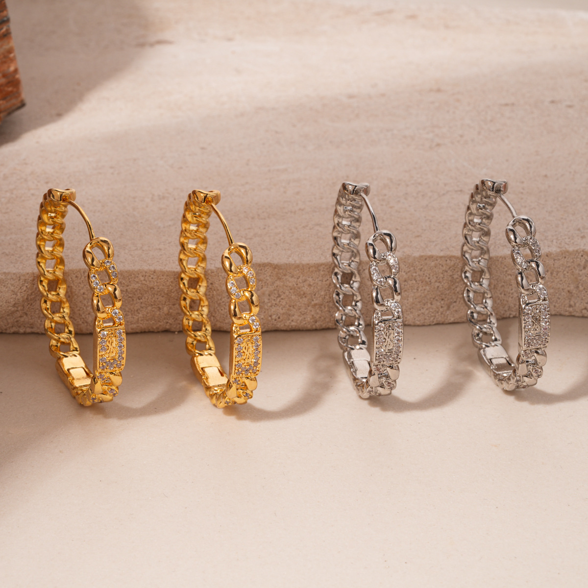 Exquisite Gold Plated Round Chain Zirconia Earrings Women's Fashion Jewelry Ear Cuffs Geometric Pattern Luxury Feelings