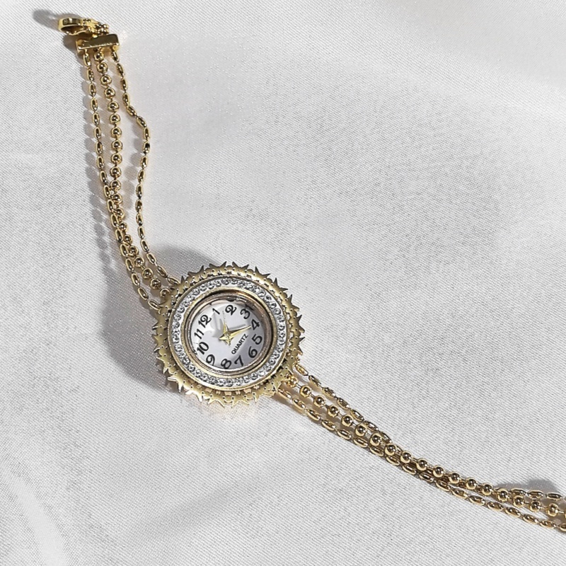 304 Stainless Steel Diamond-Inlaid Unisex Electronic Watch Bracelet Gold Round Pattern Crystal Pendant Chain Accessories