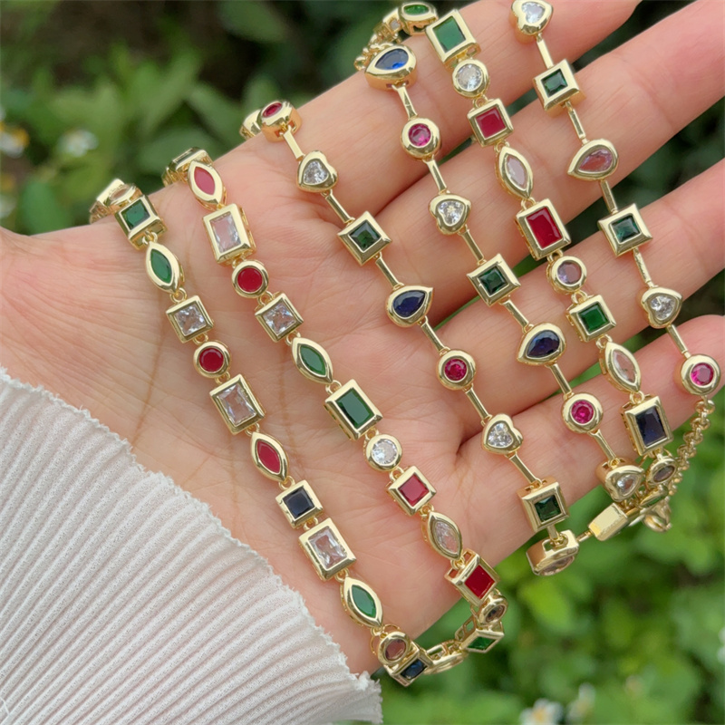 Wholesale Jewelry Classic Style Geometric Copper Zircon 18K Gold Plated Bracelets Necklace Jewelry Set Italian Charm & Links