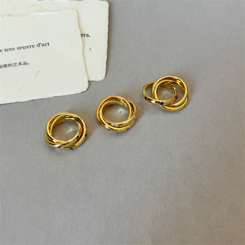 Fashionable Retro Three- Ring Geometric Pattern Ring For Women Classic Color Gemstone Rings Elegant Personality New Style