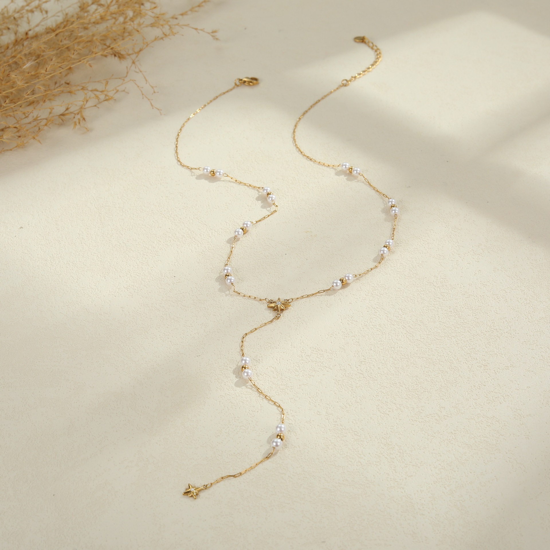 Fashionable  Imitation Pearl Tassel Pendant Stainless Steel Necklace Y Chain Versatile Elegant Clavicle Chain