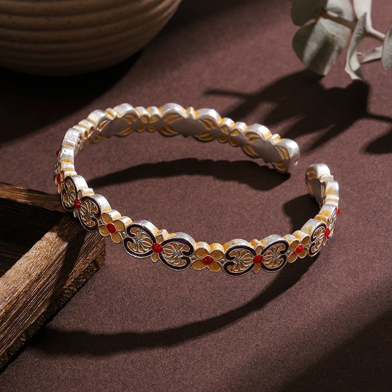 Vintage Ethnic Style Silver-Plated Bracelet New Chinese Style Violet Bracelet National Style Gold-Plated Enamel Double Ruyi Bracelet Gift Copper Geometric Pattern Flower Bracelet