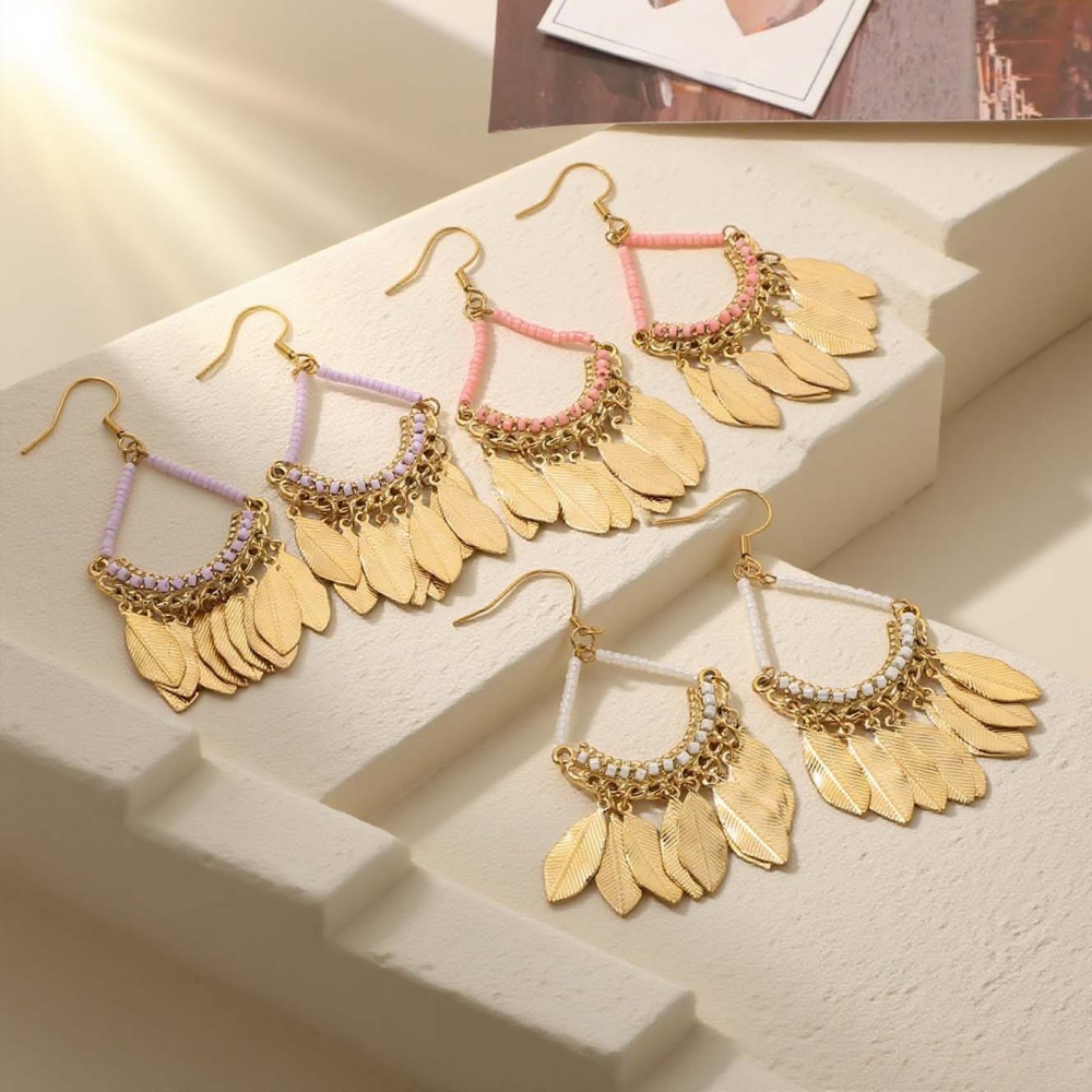 Vintage Ethnic Tassel Earrings Handmade Woven Jewelry Geometric Pattern Stainless Steel Luxurious Style Women's Earrings Travel Accessories