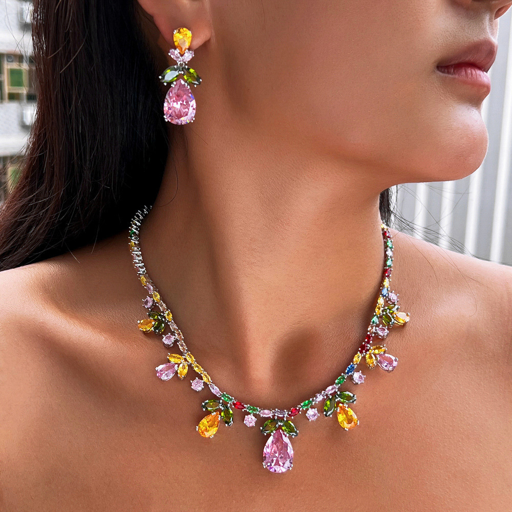 2 Piece Women's Rainbow Cubic Zirconia Necklace Set Chunky Statement Bridal Party Jewelry Gift With Waterdrop Flower Design