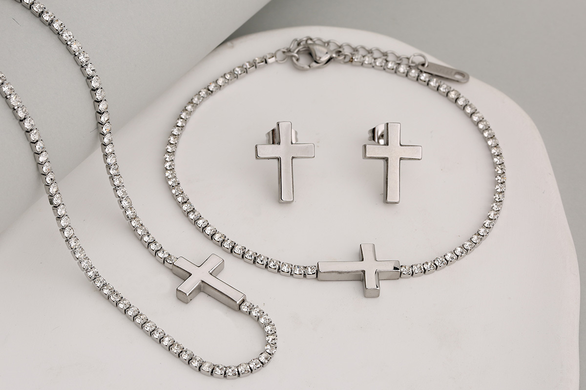 Stainless Steel Full Drill Jewelry Set Cross Circle Heart Shaped Vacuum Plating 18K Gold Dipped Water Diamond Accessories