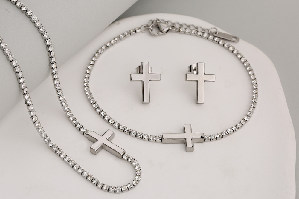 Stainless Steel Full Drill Jewelry Set Cross Circle Heart Shaped Vacuum Plating 18K Gold Dipped Water Diamond Accessories