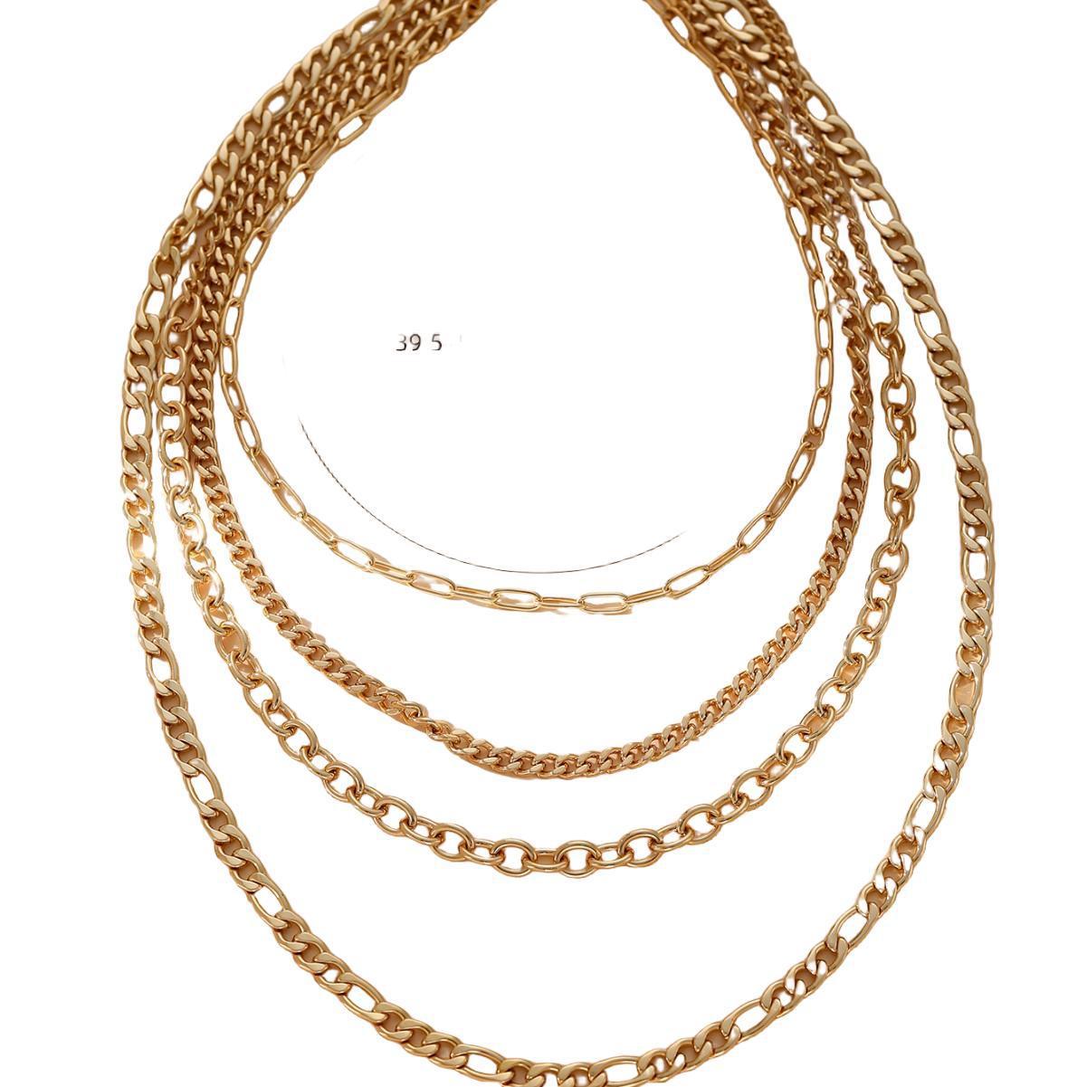 Amazon Cross-Border New Multi-Layer Cuban Paperclip Chain Necklace UV Electroplated 18K Real Gold Fashion Versatile Geometric Collarbone Chain Necklace
