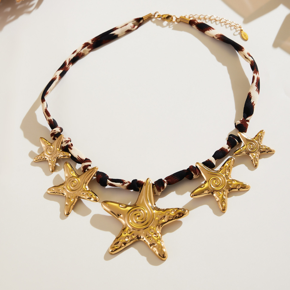 304 Stainless Steel Leopard Print Scarf Multi Pendant Necklace 18k Gold Plated West Coast Beach Style Agate Jewelry