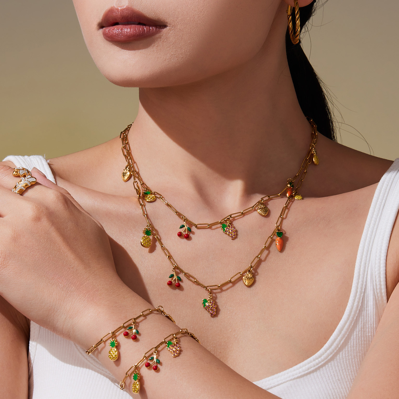 Stainless Steel DIY Multi-Accessory Fruit Pendant Necklace Bracelet Anklet Grape European And American Fashion Versatile Ins Jewelry Set