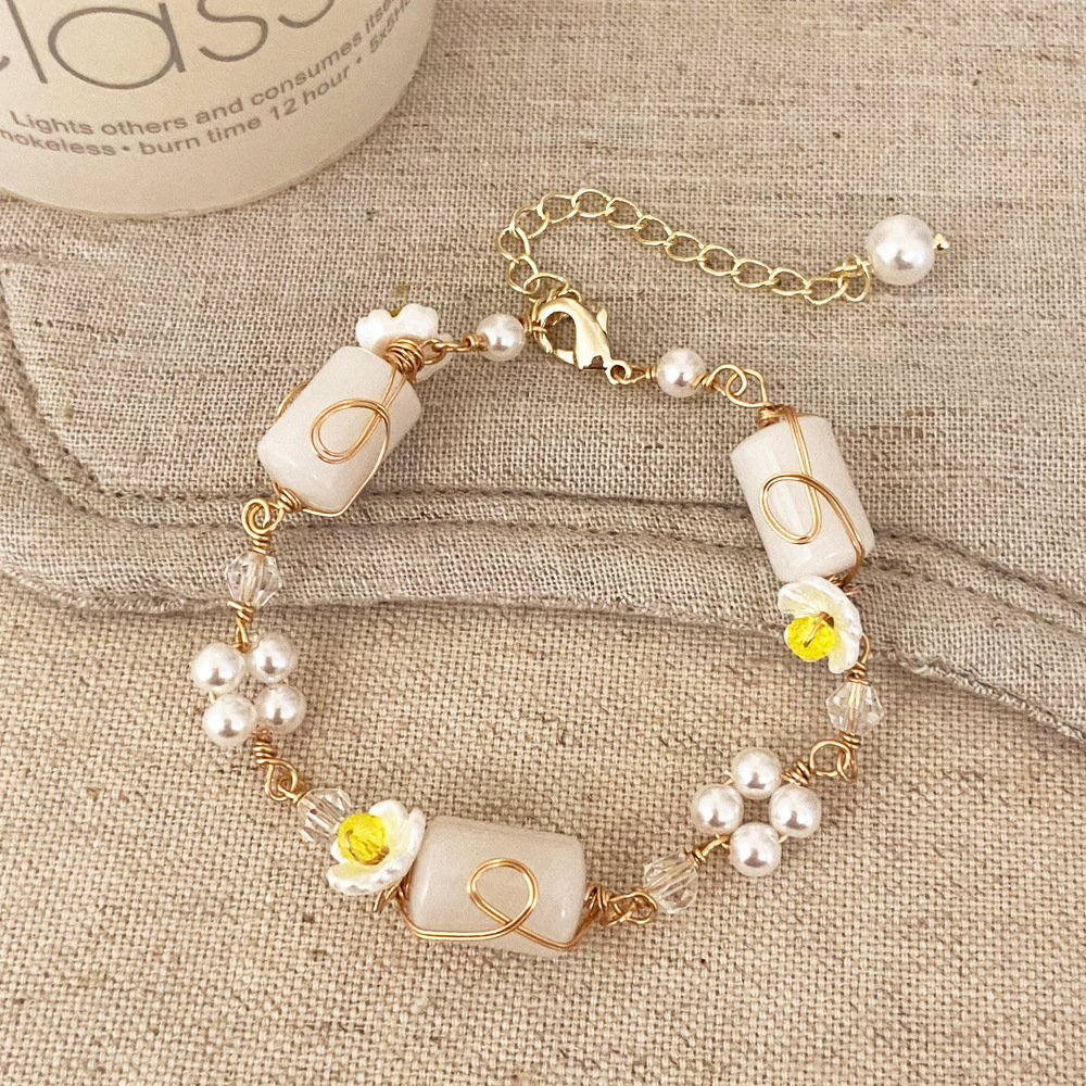 Sweet Elegant Cute Crystal Pearl Bracelet Versatile Fashion Natural Stone Hand Jewelry Geometric Pattern Copper Round Plated