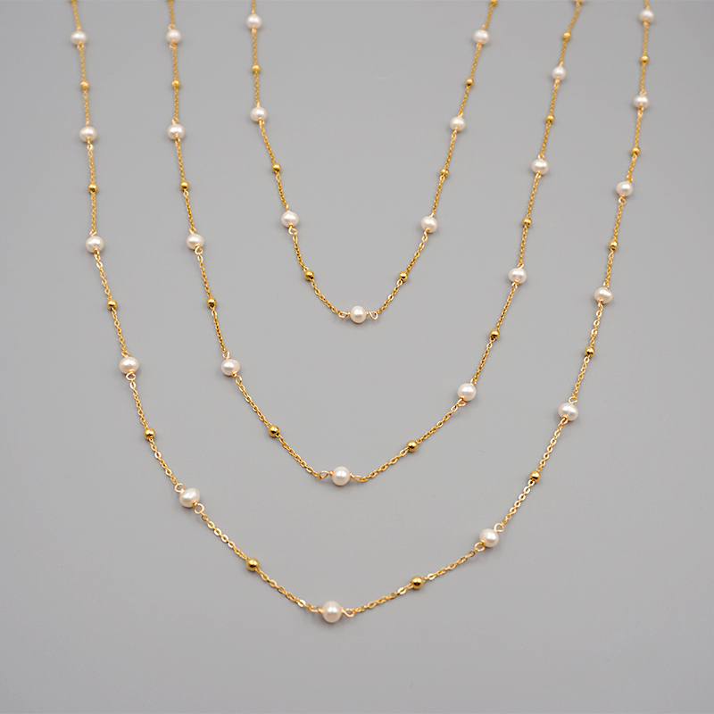 Freshwater Pearl Ferroalloy Round Vacuum Plating Gold Plated Simple Style Classic Style Waterproof Non Tarnish Beaded Plating Gold Sweater Chain Long Necklace