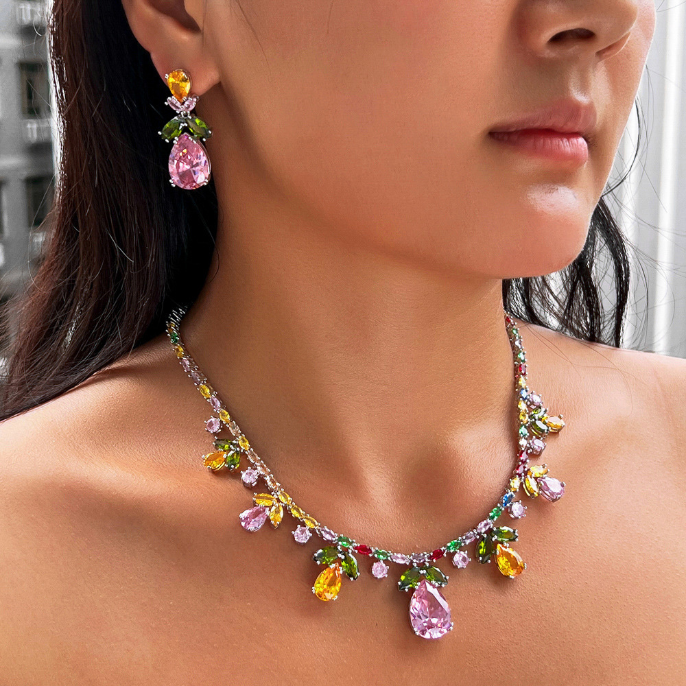 2 Piece Women's Rainbow Cubic Zirconia Necklace Set Chunky Statement Bridal Party Jewelry Gift With Waterdrop Flower Design
