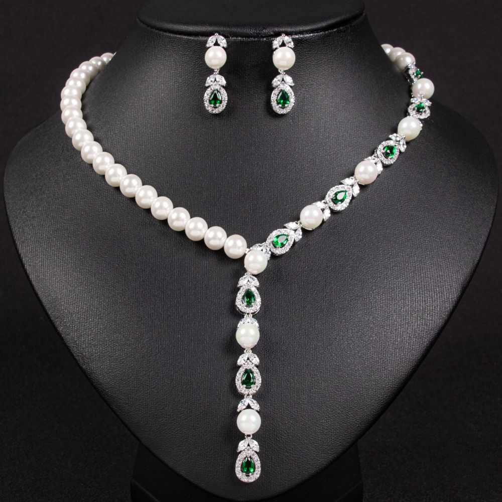 Exquisite Pearl Necklace And Earring Set Full Of Diamonds AAA Zirconia Wedding Accessories Luxury Jewelry For Women Copper