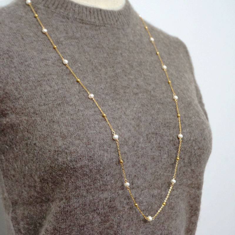 Freshwater Pearl Ferroalloy Round Vacuum Plating Gold Plated Simple Style Classic Style Waterproof Non Tarnish Beaded Plating Gold Sweater Chain Long Necklace